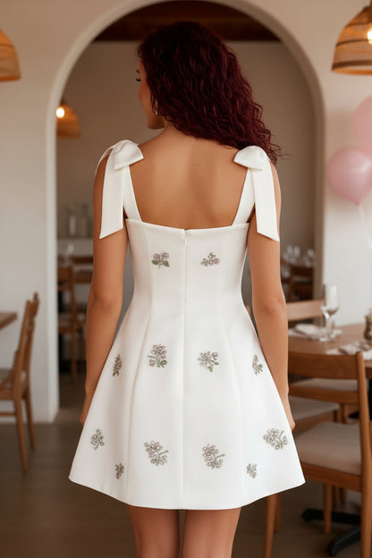 Beaded Floral A-Line Mini Dress with Bow Straps