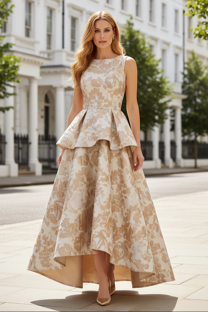 Floral Jacquard Peplum High-Low Formal Dress