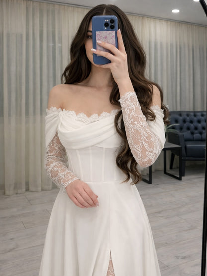 Off-Shoulder Lace Sleeve Wedding Dress