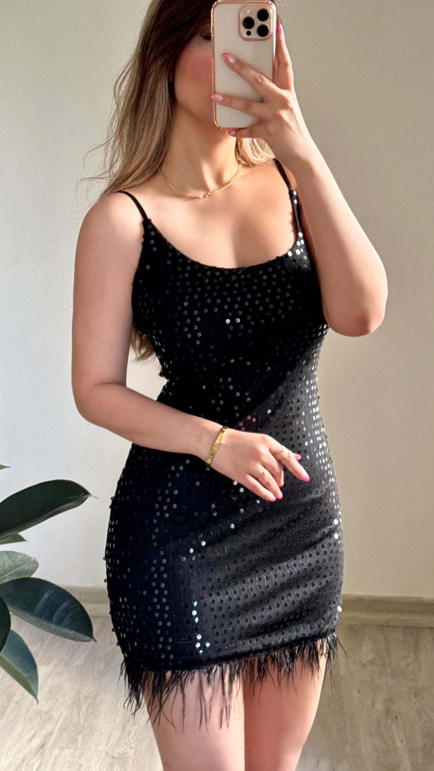 Sequin Bodycon Mini Dress with Feather Hem