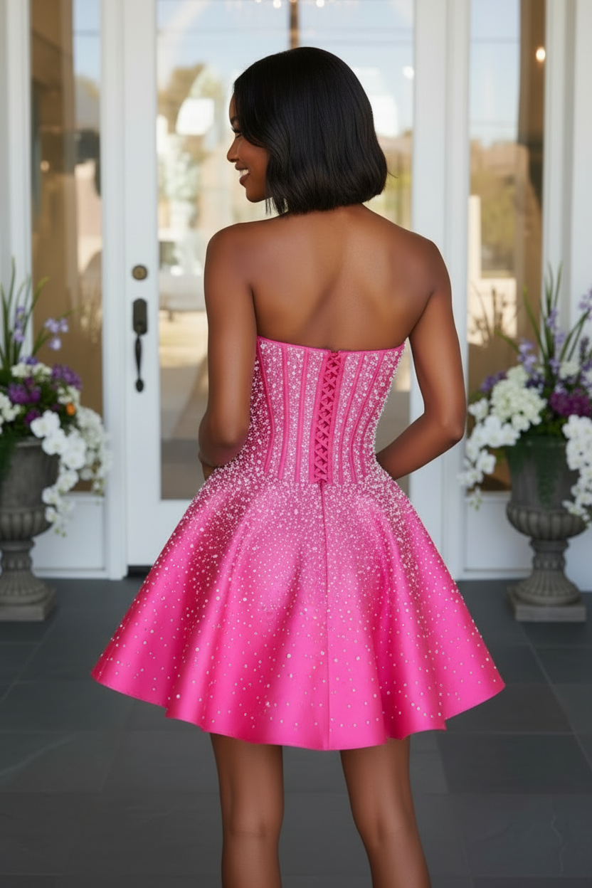 Pearl-Embellished Strapless Corset Mini Dress
