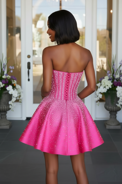 Pearl-Embellished Strapless Corset Mini Dress