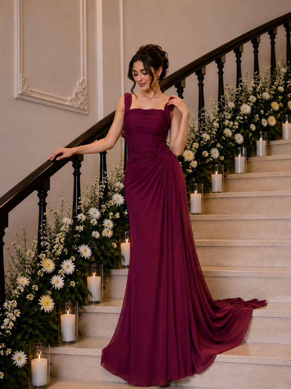 Ruched Column Gown with Side Draping and Square Neck