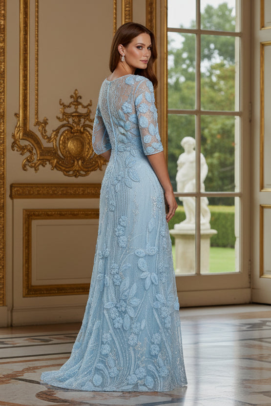 3D Floral Beaded Illusion A-Line Evening Gown