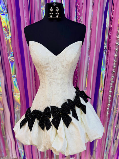 Strapless Jacquard Mini Dress with Bow Details
