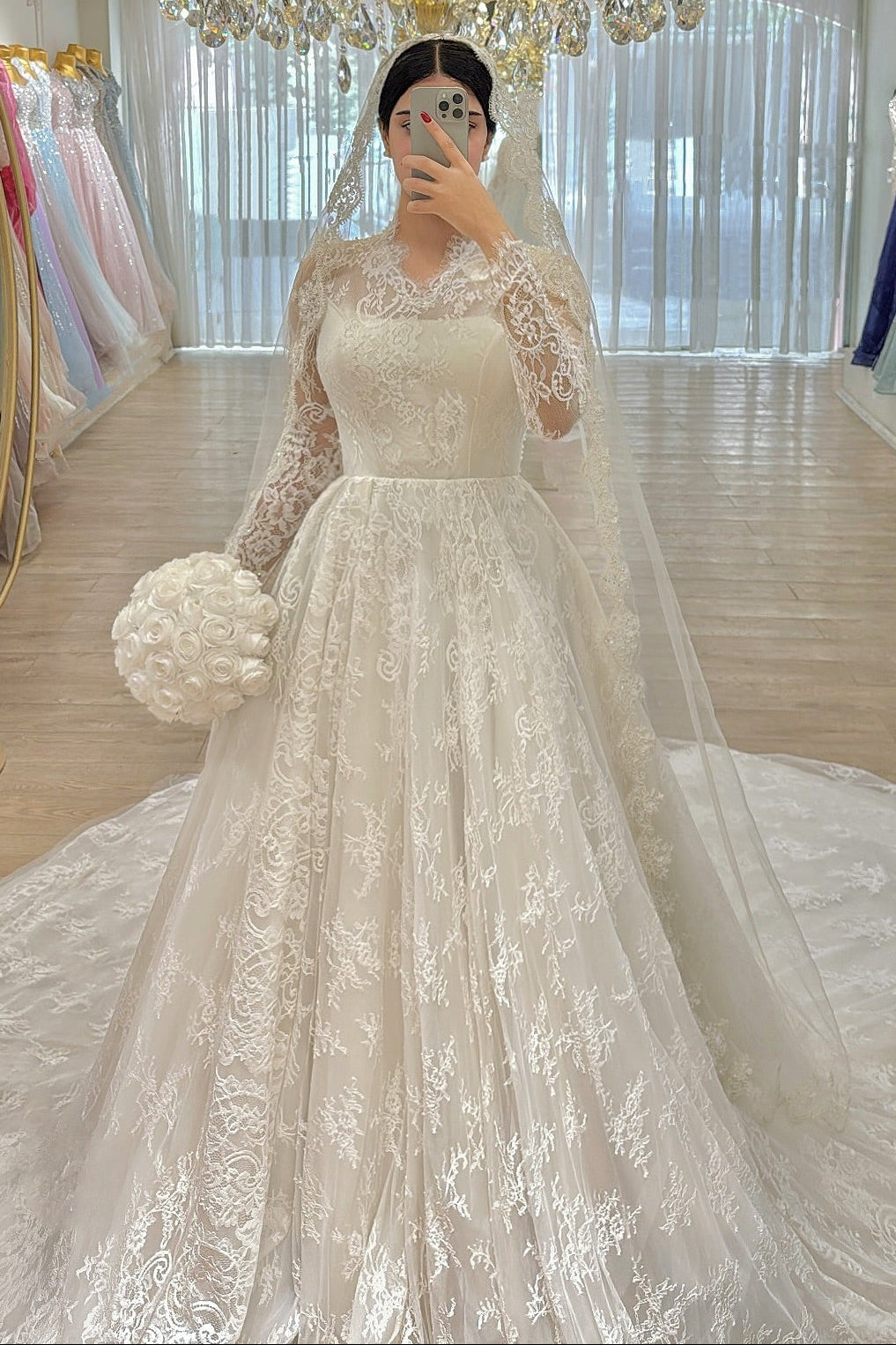 Long Sleeve Lace Illusion Ball Gown Wedding Dress