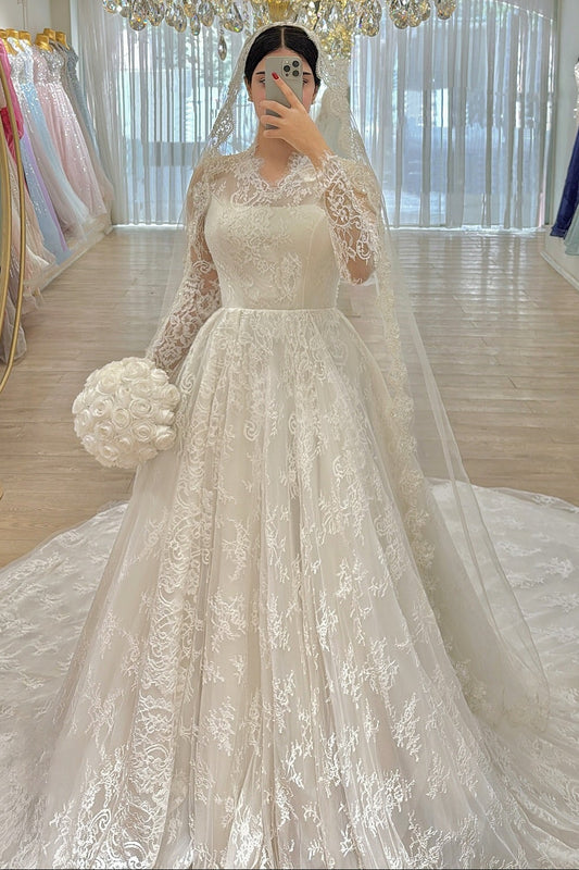 Long Sleeve Lace Illusion Ball Gown Wedding Dress