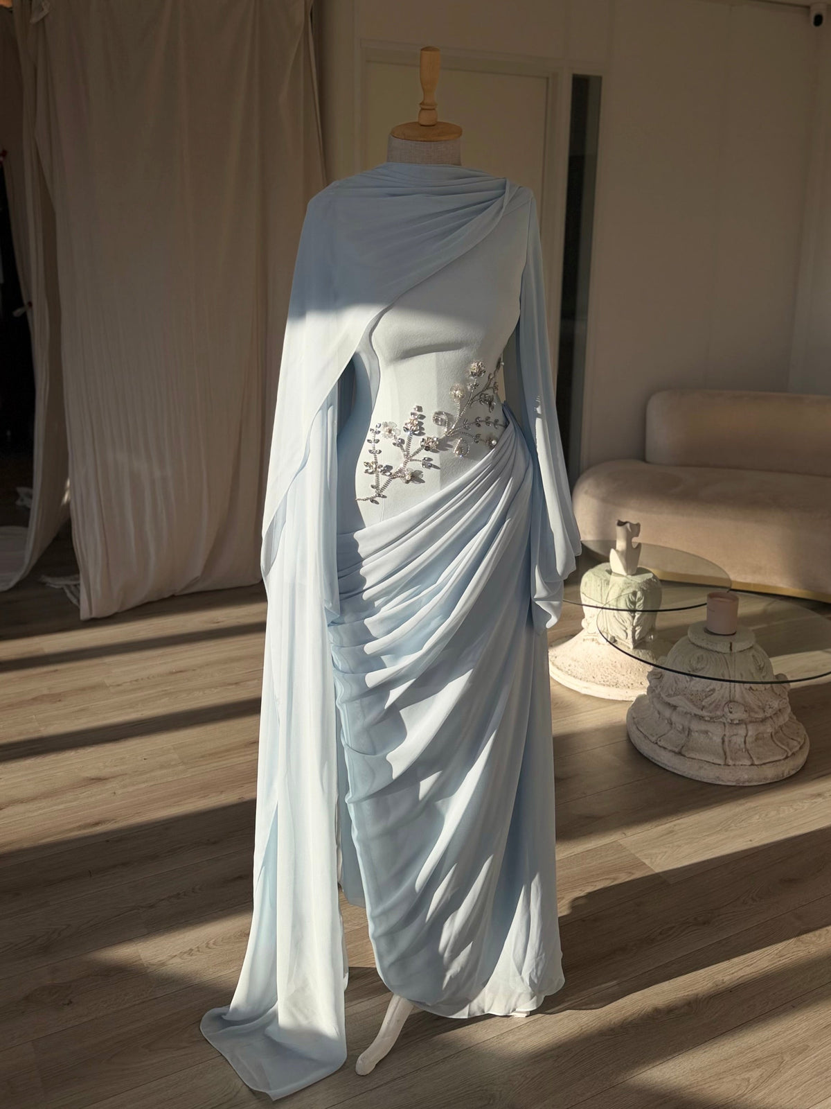 Draped Cape Sleeve Gown with Beaded Waist Detail