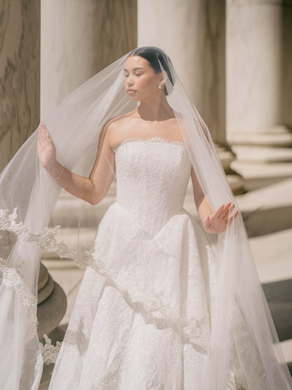 Strapless Lace Ball Gown Wedding Dress with Sleeves