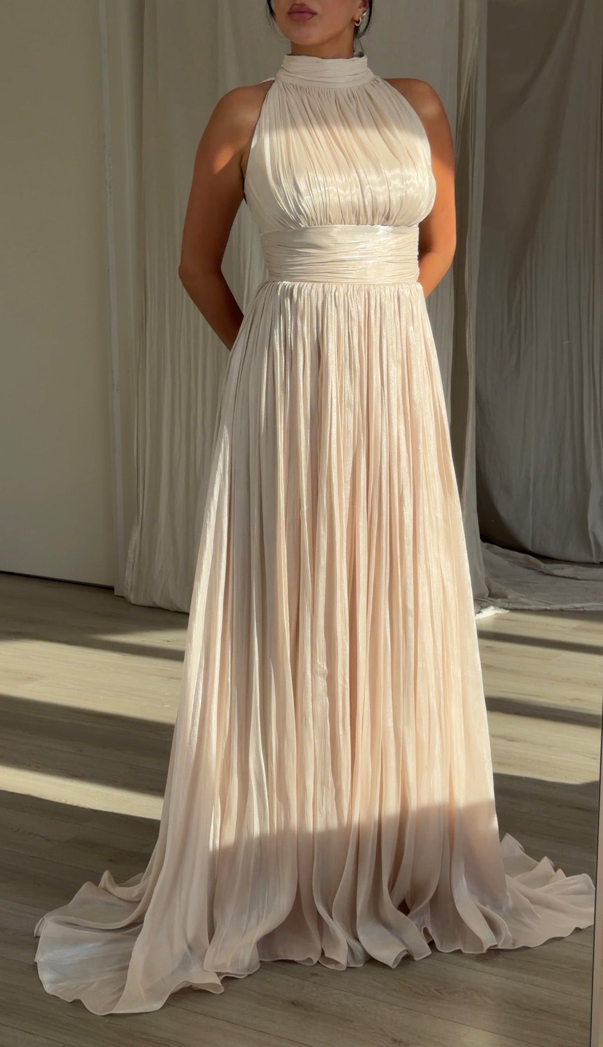 Pleated High-Neck Sleeveless A-Line Gown