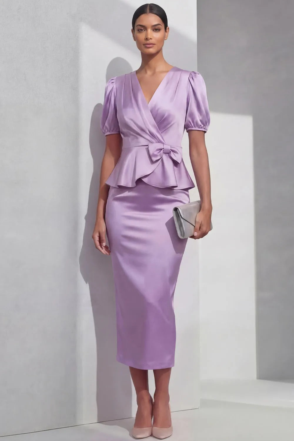 Satin Peplum Midi Dress with Bow and Puff Sleeves