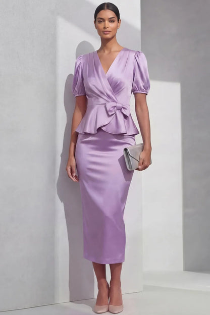 Satin Peplum Midi Dress with Bow and Puff Sleeves