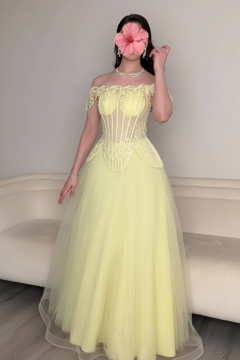 Off-the-Shoulder Corset Gown with Tulle A-Line Skirt