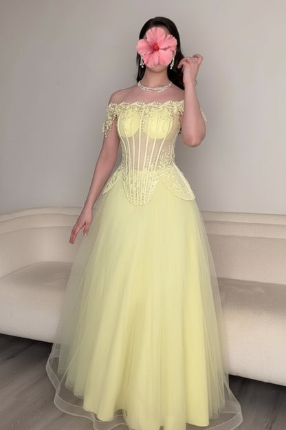 Off-the-Shoulder Corset Gown with Tulle A-Line Skirt