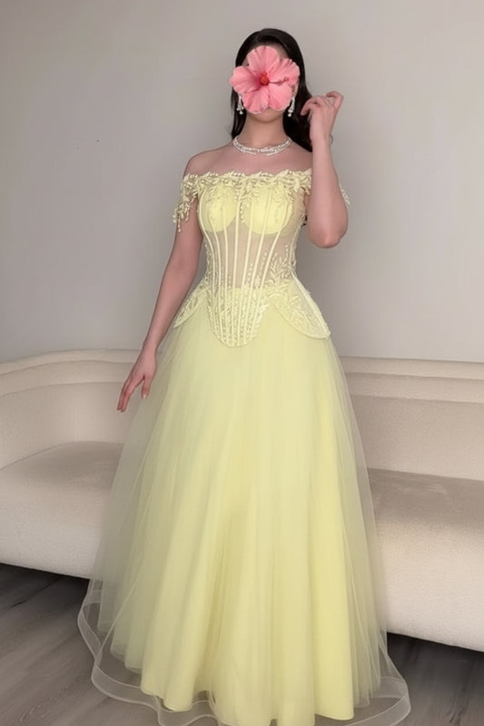 Off-the-Shoulder Corset Gown with Tulle A-Line Skirt