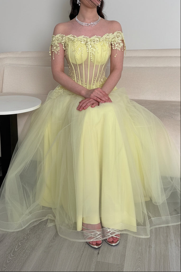 Off-the-Shoulder Corset Gown with Tulle A-Line Skirt