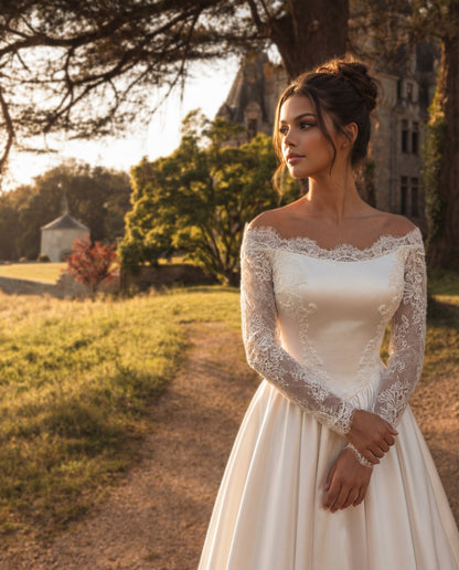 Off-Shoulder Lace Sleeve A-Line Wedding Dress