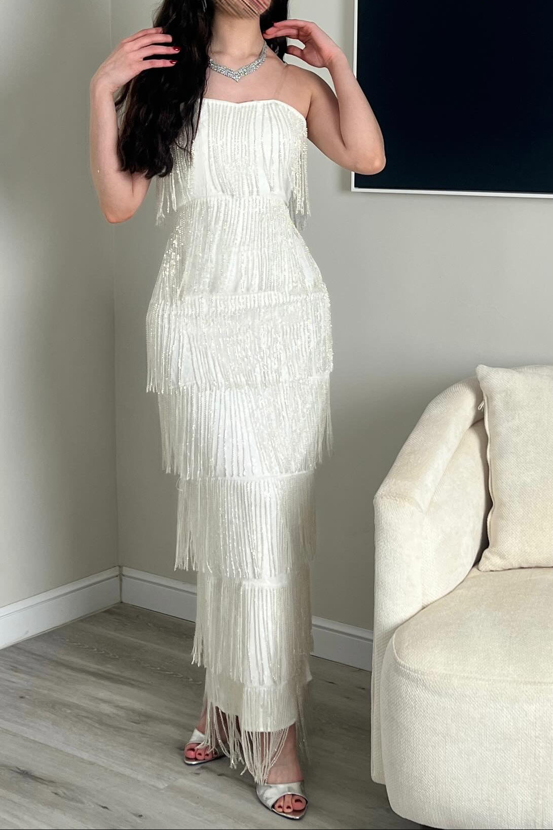 Tiered Fringe Sequin Column Maxi Dress