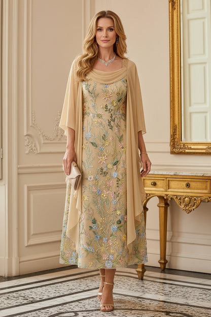 Embroidered Floral Tea-Length Dress with Cape Overlay
