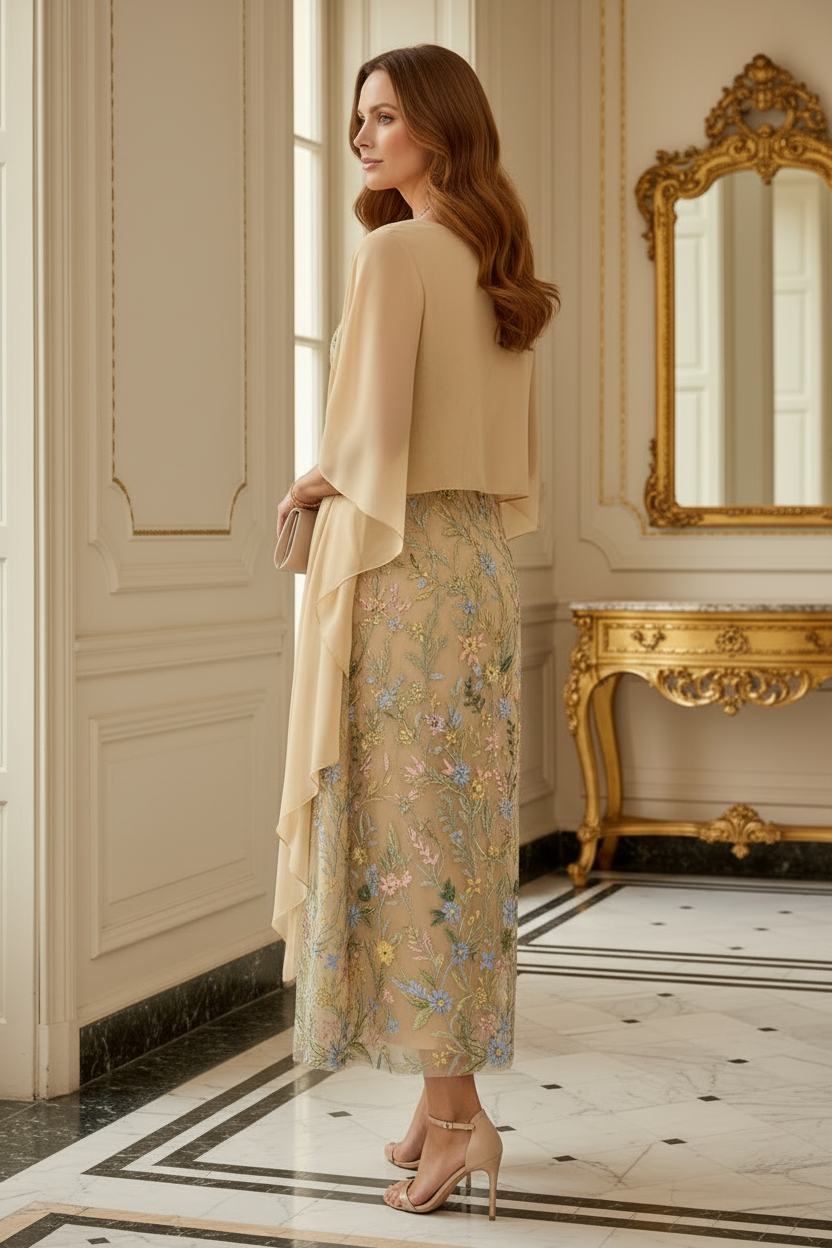 Embroidered Floral Tea-Length Dress with Cape Overlay