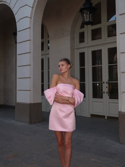 Off-the-Shoulder Satin Mini Dress with Draped Sleeves