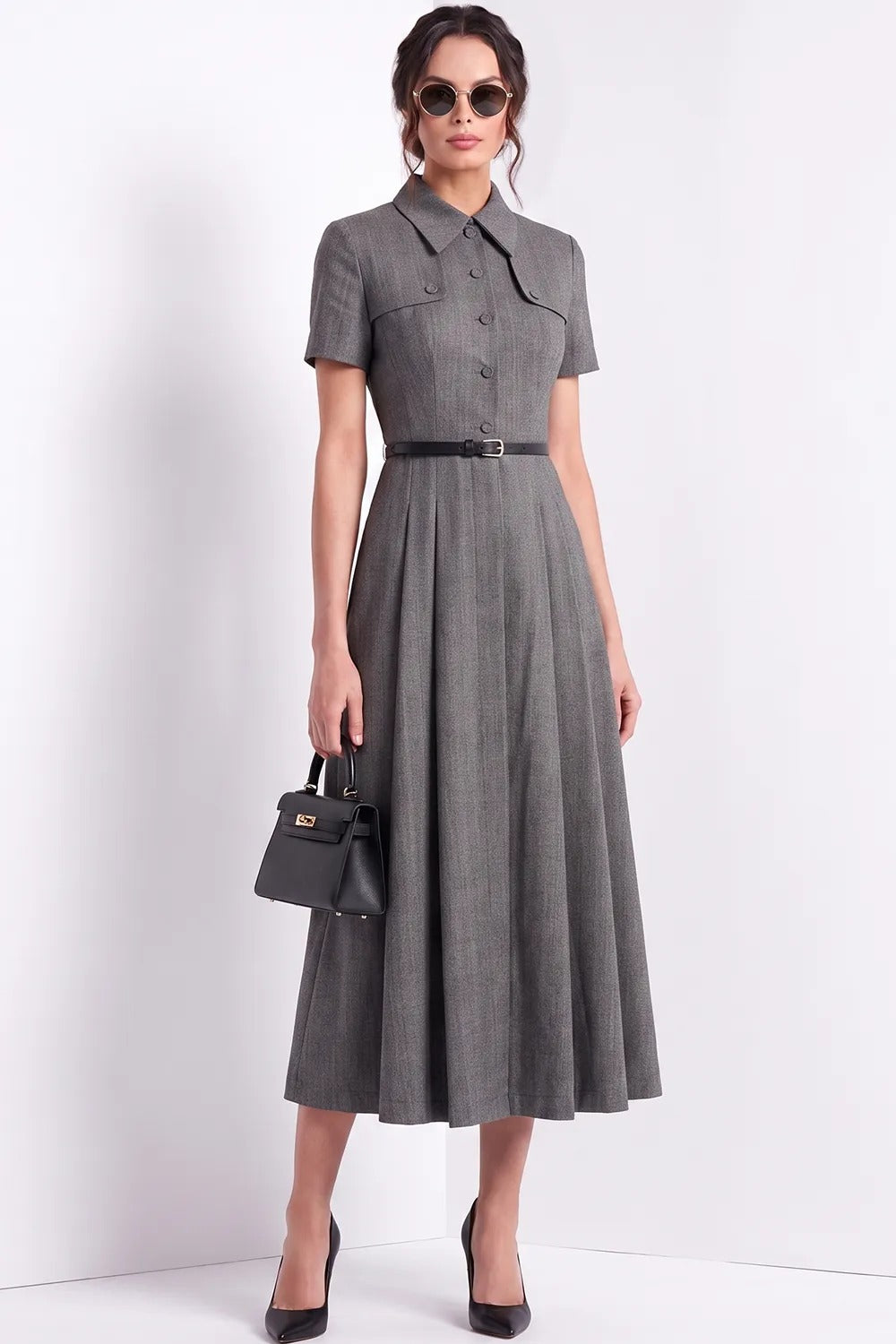Pleated A-Line Midi Shirt Dress with Belt