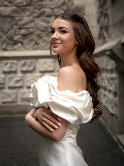 Off-the-Shoulder Ruffled Satin Mini Dress