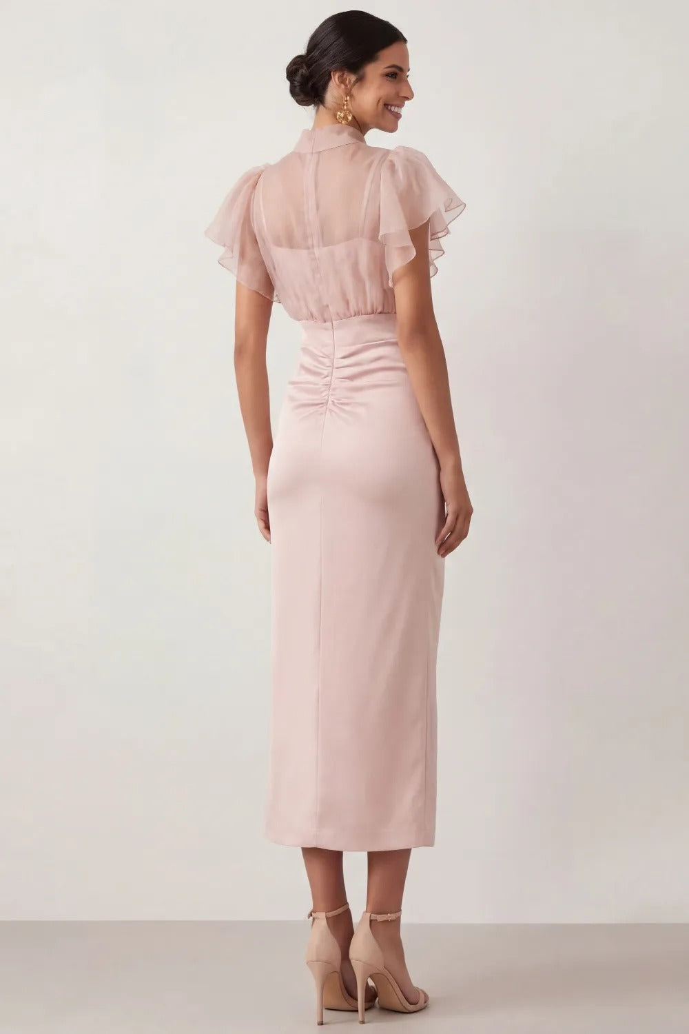 High Neck Sheer Bodice Midi Dress with Slit