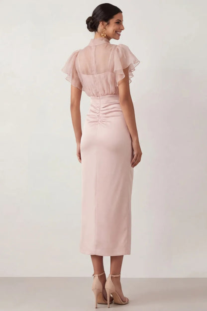 High Neck Sheer Bodice Midi Dress with Slit