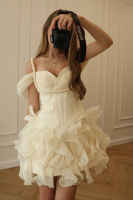 Off-The-Shoulder Ruffled Corset Mini Dress
