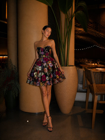 Strapless Floral Embroidery Corset Mini Dress