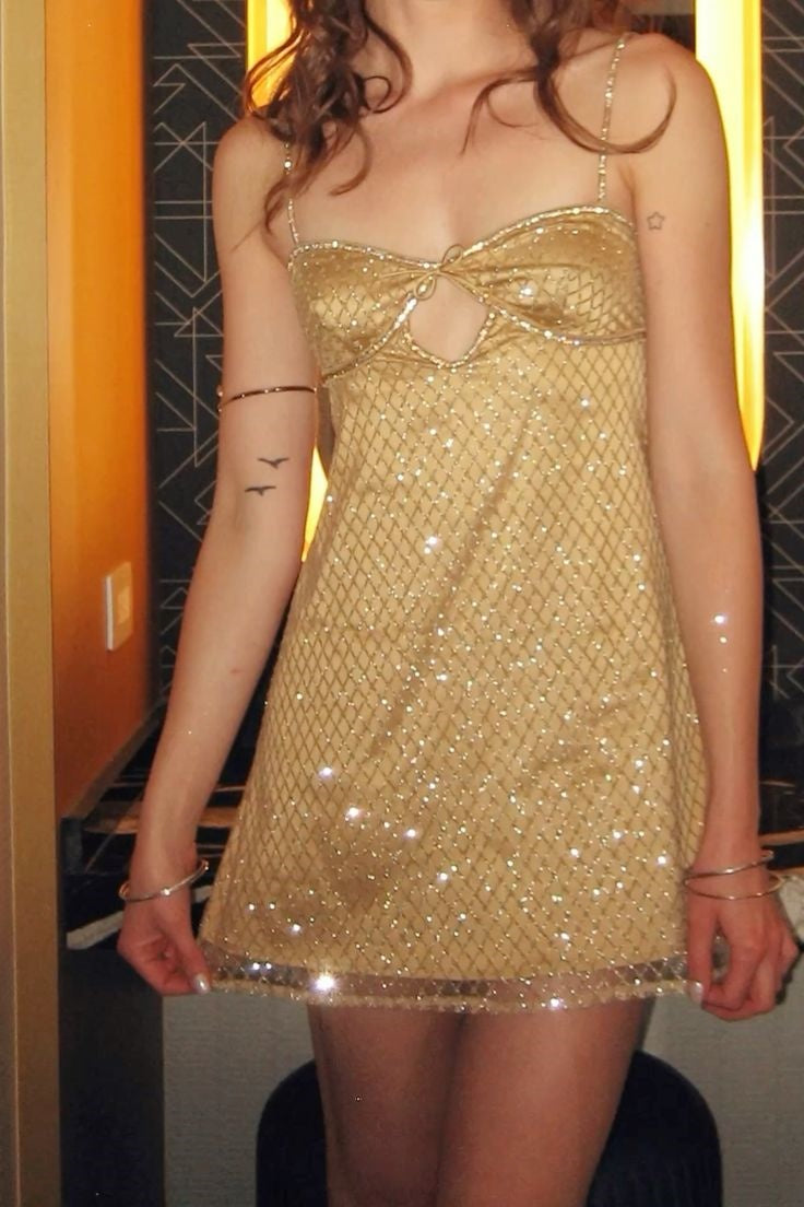 Glittery Keyhole A-Line Mini Dress with Tie Back