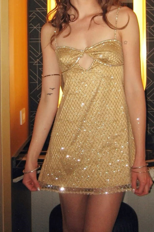 Glittery Keyhole A-Line Mini Dress with Tie Back