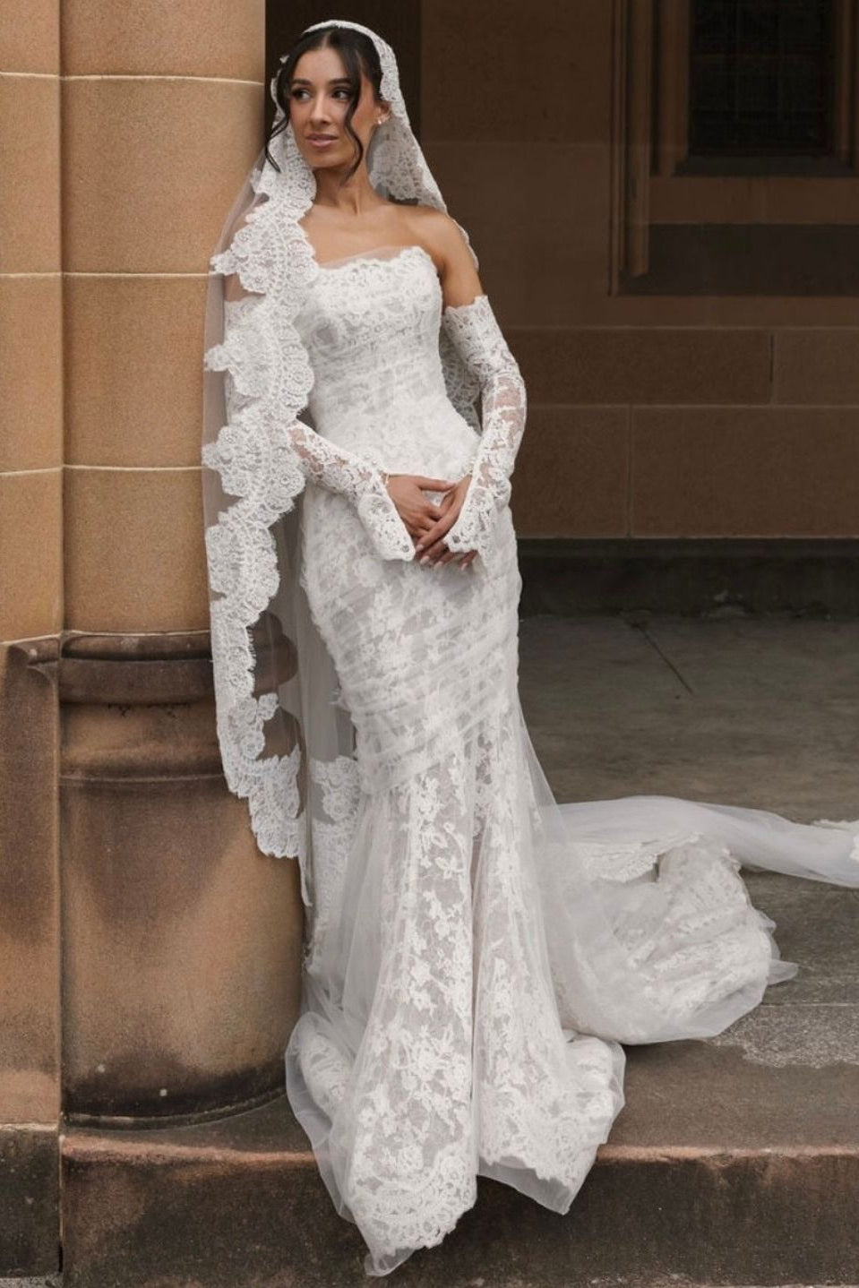 Strapless Lace Mermaid Wedding Dress with Sleeves