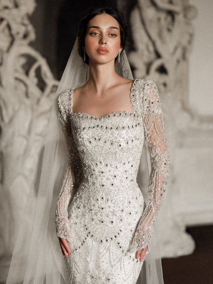 Beaded Sheath Wedding Dress with Overskirt