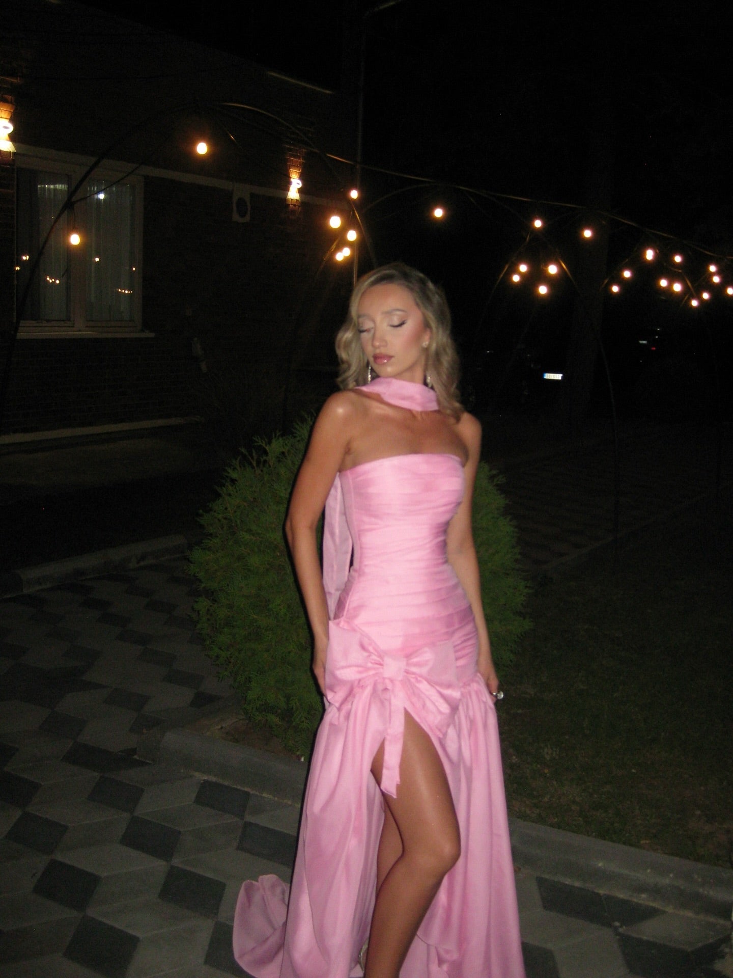 Strapless Pleated Gown with Bowknot and High Slit