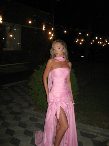 Strapless Pleated Gown with Bowknot and High Slit