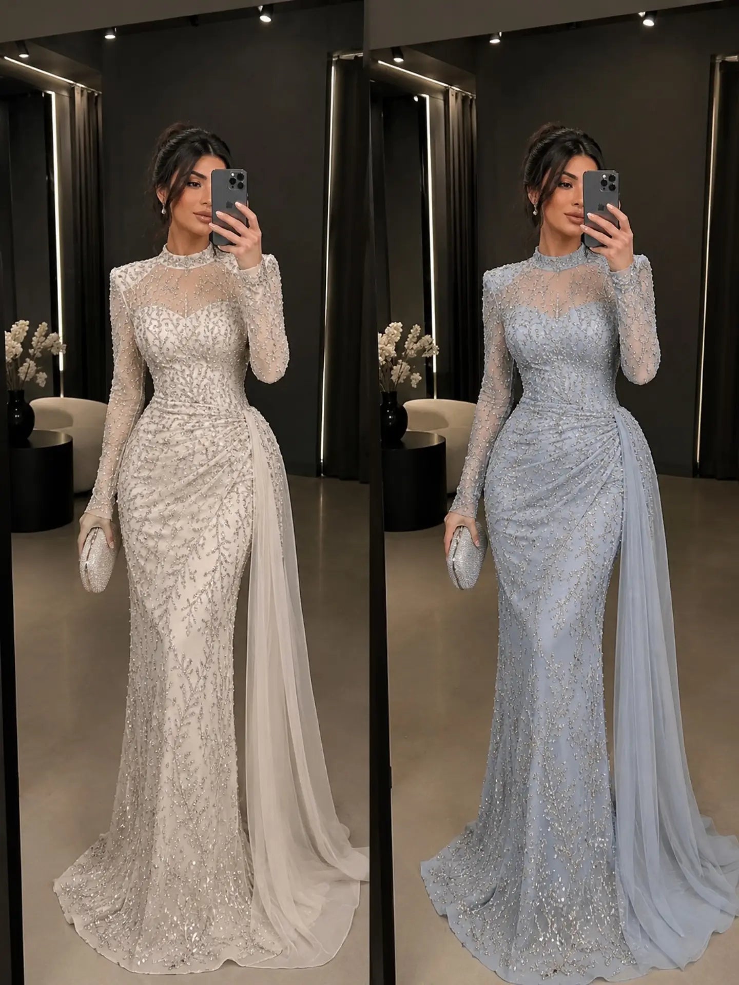 Beaded High Neck Evening Gown with Side Drape