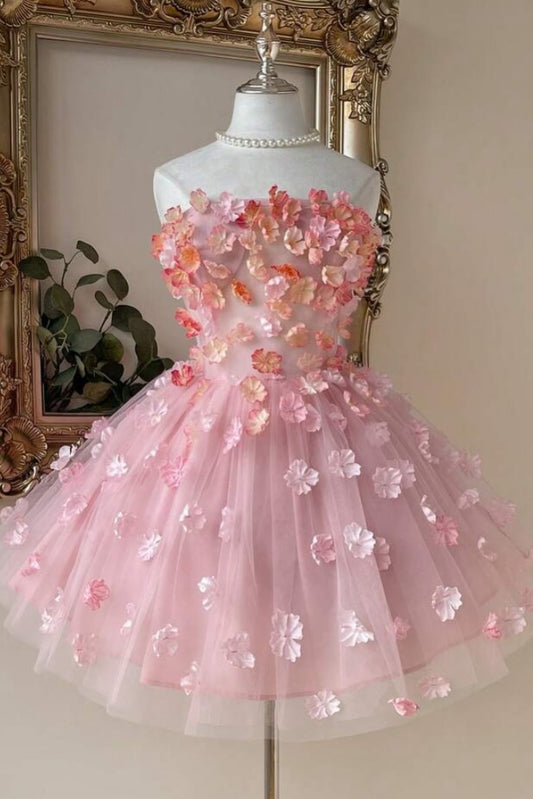 Strapless 3D Floral Tulle Mini Dress