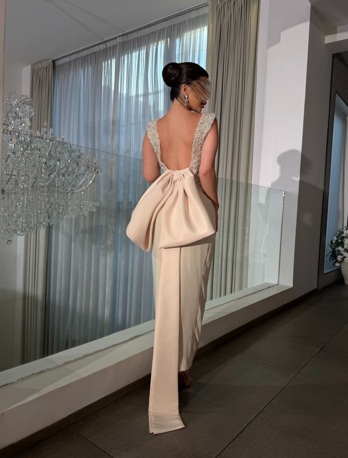 Elegant Beaded Scoop Neck Dress with Statement Back Bow