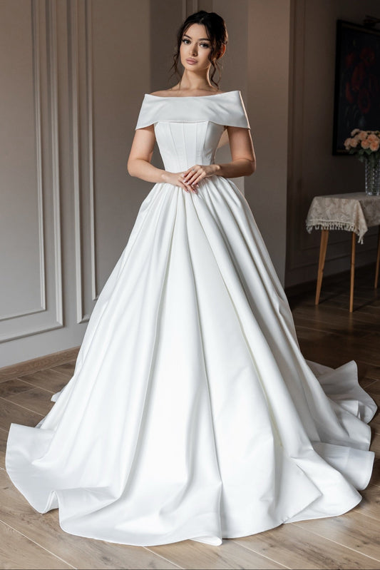 Off-the-Shoulder Satin Ball Gown Wedding Dress