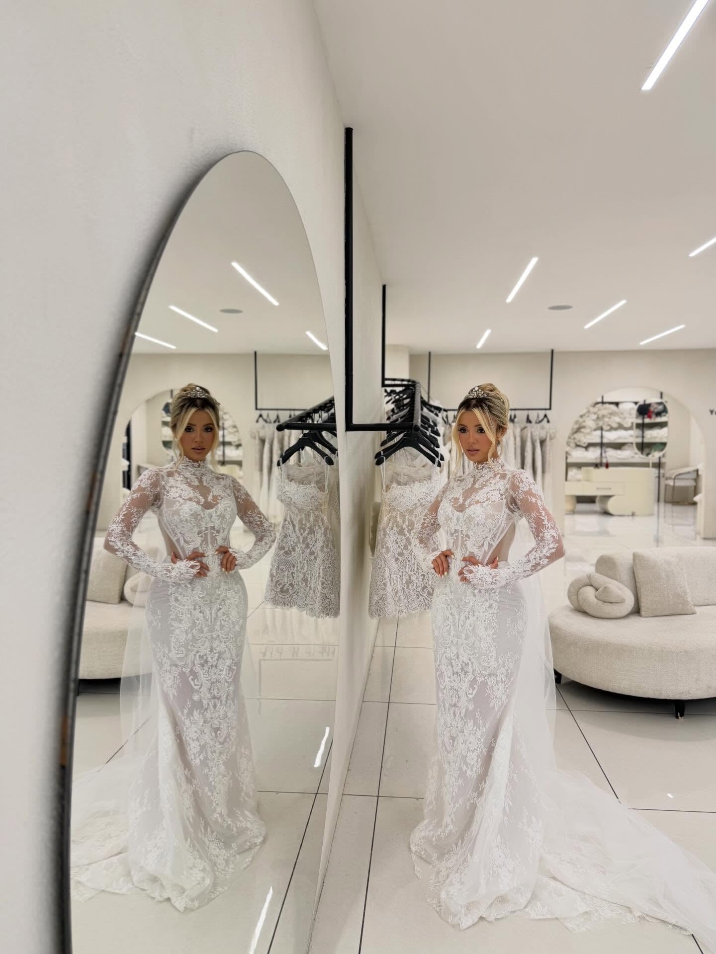 Lace High Neck Wedding Dress with Train
