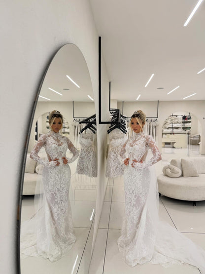 Lace High Neck Wedding Dress with Train