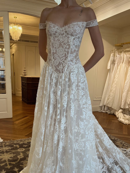 Off-the-Shoulder Lace Corset Ball Gown Wedding Dress