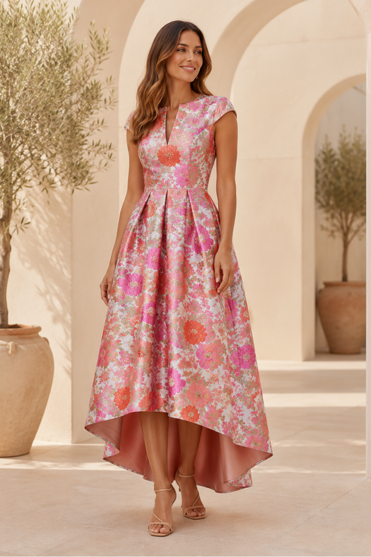 Floral Jacquard High-Low A-Line Dress