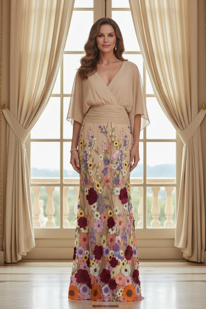 Floral Embroidered Evening Gown with Draped Sleeves