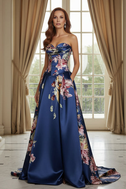 Strapless Floral Print Satin Ball Gown with Pockets