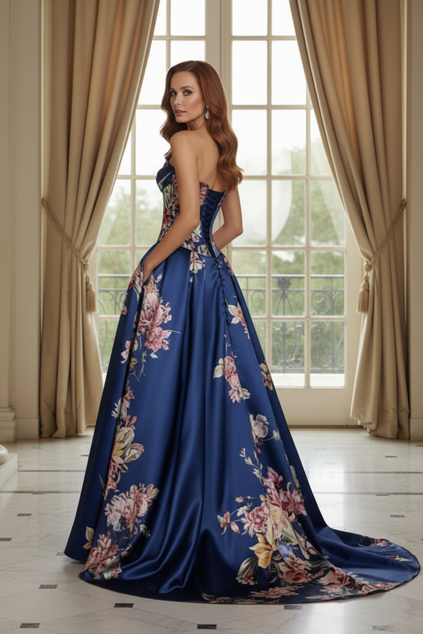 Strapless Floral Print Satin Ball Gown with Pockets