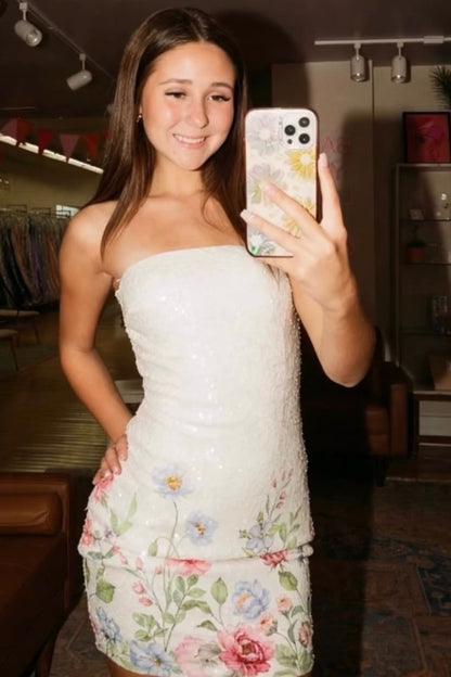 Strapless Floral Print Sequin Mini Dress