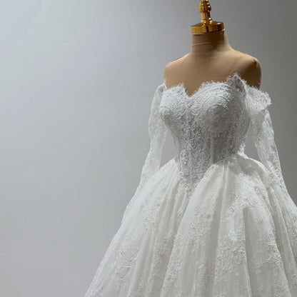 Off-the-Shoulder Lace Ball Gown Wedding Dress